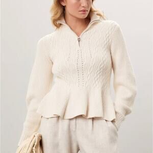 Simkhai White Cable Knit Sweater LARGE Romantic Peplum Cotton Designer $400
